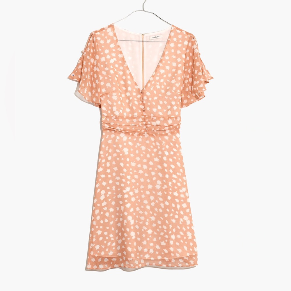 Madewell Ruched-Waist Flutter Sleeve Mini Dress in Star Shower Pale Peach Size 2 - Picture 2 of 14